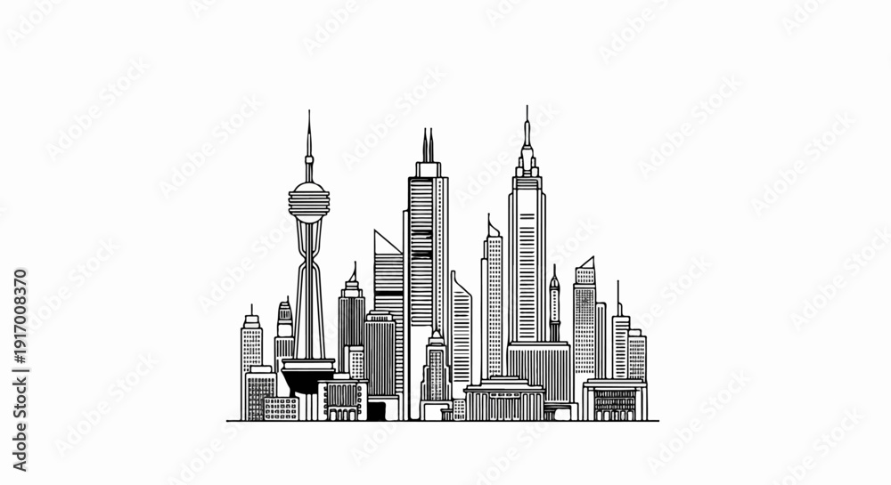 Fototapeta premium A line drawing of a city skyline with various skyscrapers and a tall tower