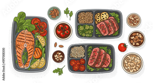Healthy meal prep with salmon and tuna in flat style