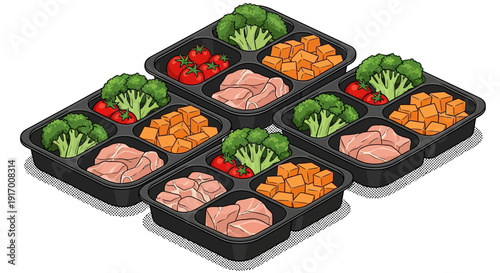 Healthy meal prep boxes with chicken, vegetables, and tomatoes in isometric design