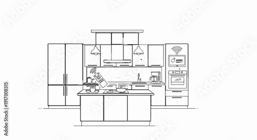 A line drawing depicts a modern kitchen with smart appliances and a remote control
