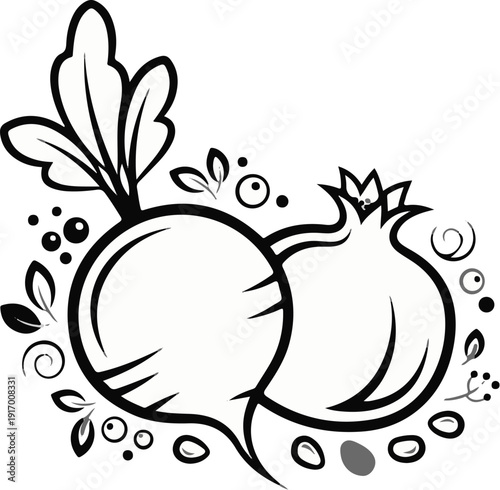 A line drawing depicts a radish and a pomegranate with decorative leaves and berries