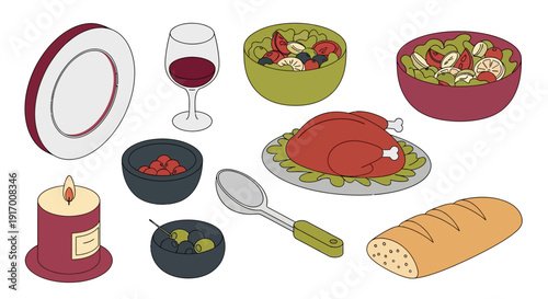Festive dinner elements: roast chicken, salads, bread, wine, and decor in isometric style