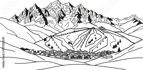 A line drawing depicts a ski resort nestled among majestic mountains