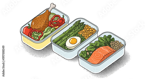 Healthy meal prep containers with chicken, salmon, asparagus, and vegetables in halftone style