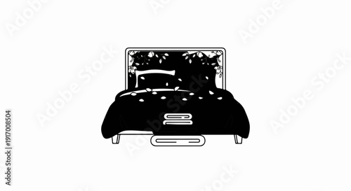 A simple black and white illustration of a bed with a floral design