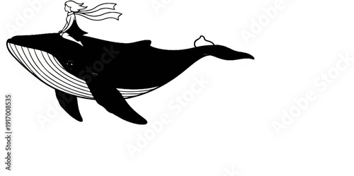 A person in flowing cape rides a black whale through white space