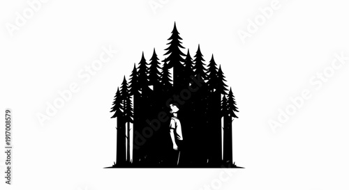 A person stands looking up amidst a dark forest of pine trees
