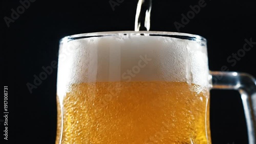 Wallpaper Mural Close-up of golden beer pouring into a glass mug with condensation and a foamy head against a black background Torontodigital.ca