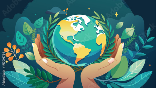 Hands cradling a globe surrounded by vibrant green leaves and plants symbolizing global unity and sustainability.