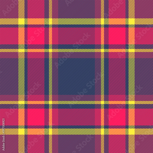 Fashionable tartan fabric textile, post background vector pattern. Hippie seamless check texture plaid in blue and pink colors.