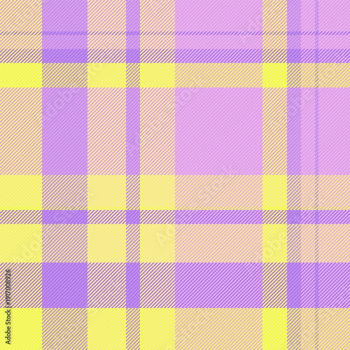 Strip check vector pattern, tweed plaid texture fabric. Newborn tartan textile seamless background in violet and lime colors.