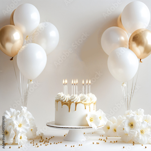 A festive illustration of a birthday cake with candles and balloons, copy space available