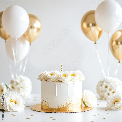 A festive illustration of a birthday cake with candles and balloons, copy space available