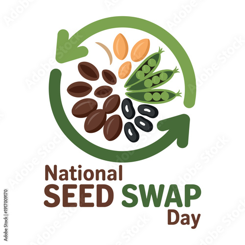 A colorful illustration promoting National Seed Swap Day with various seeds and peas.