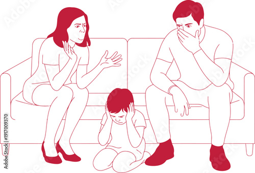 A family sitting on a couch looking stressed and upset with each other