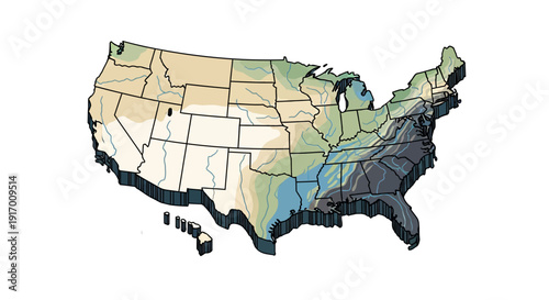 United states topographic map with shaded relief and waterways