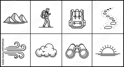 Dot art icons: hiking adventure essentials in linear style