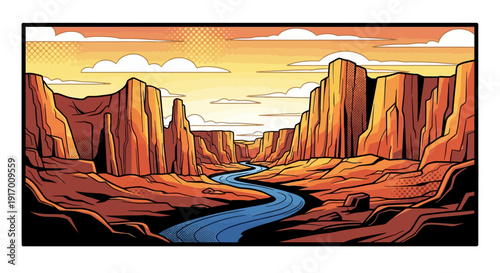 Colorful desert canyon landscape with river and sunset in pop art style
