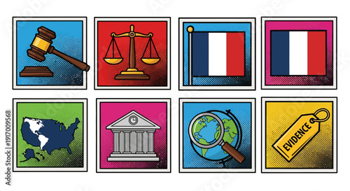 Pop art legal symbols with justice scale and world map