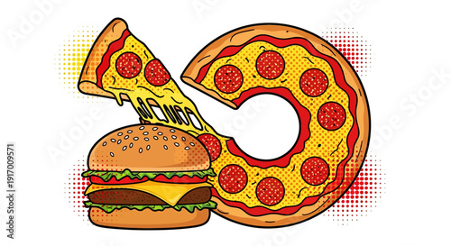 Pop art style cheeseburger and pepperoni pizza with halftone effect