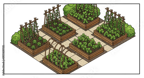 Charming vegetable garden with raised beds and trellis structures in isometric view