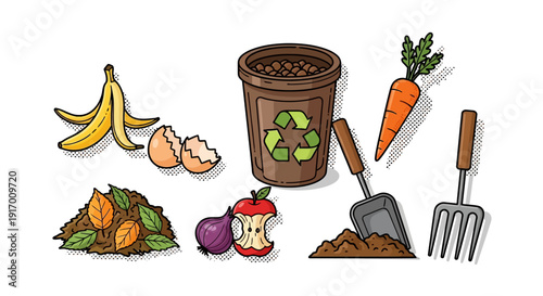 Eco-friendly composting elements: organic waste and gardening tools in colorful comic style