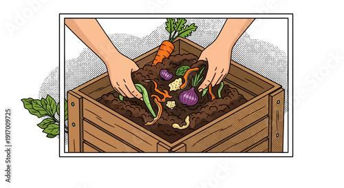 Organic composting: hands transforming kitchen waste into nutrient-rich soil