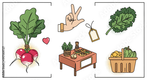 Organic produce and kitchen elements in vintage comic style