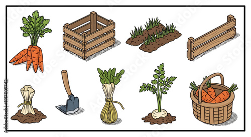 Urban garden essentials: tools, vegetables, and wooden structures in a rustic flat design