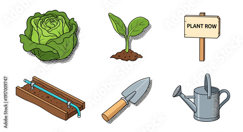 Gardening tools and plants in comic style for home gardening and agriculture projects