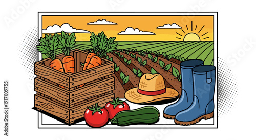 Vibrant farm life: vegetables, fields, and farming gear under the sun