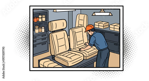 Worker assembling car seats in workshop with modern equipment and materials