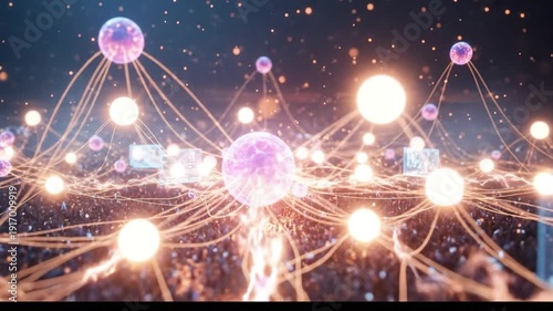 Abstract Network of Glowing Orbs and Connections Representing Digital Communication and Data Flow.