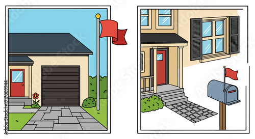 Retro style suburban house with red flag details and mailbox