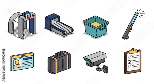 Airport security system icons: scanner, baggage, surveillance camera, metal detector, id badge