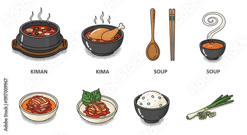 Korean cuisine set: kimchi, kiman, kima, rice, chopsticks, and soup