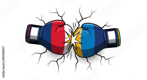Colorful pop art boxing gloves clash with cracking effect