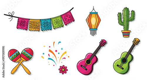 Colorful mexican fiesta elements with guitars, cactus, lantern, maracas, and papel picado