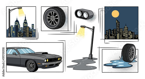 Retro urban night scenes with classic car and city lights in pop art style