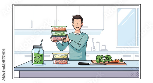 Meal prep in modern kitchen: storing healthy food in containers