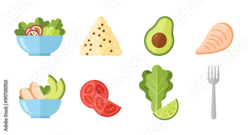 Flat style healthy food icons set with salad, avocado, and vegetables