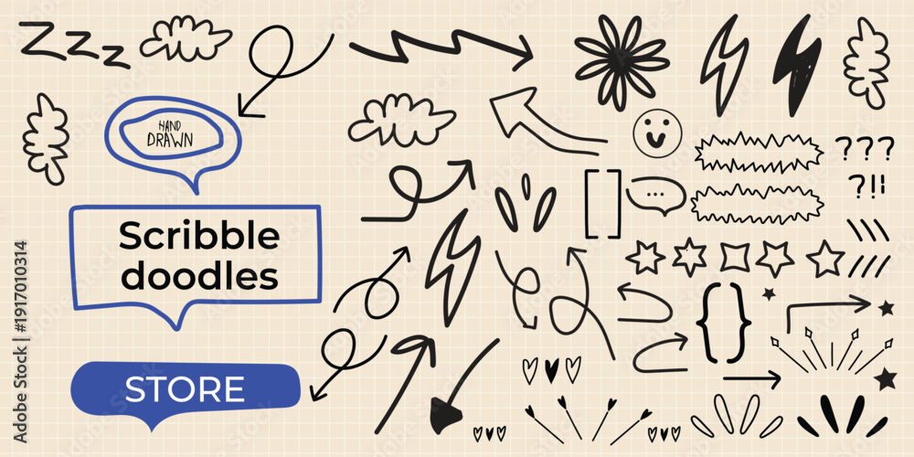 Fototapeta premium Hand Drawn Scribble Doodles Set on Grid Paper Background, Abstract Arrows, Shapes, Stars, Lightning, Speech Bubbles and Decorative Elements Collection