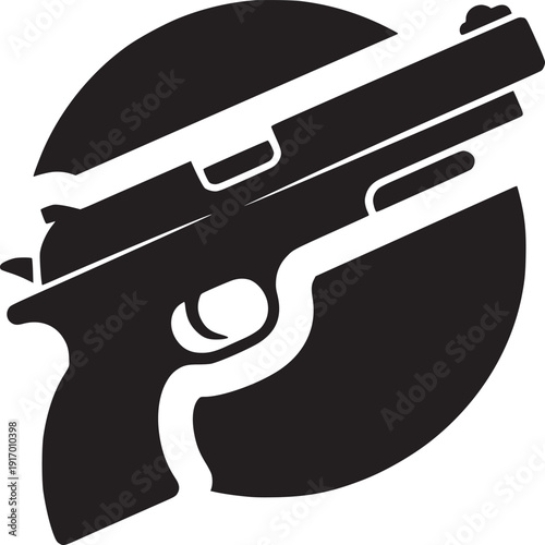 A graphic black and white image of a handgun silhouetted against a circular background element