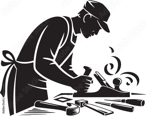 Black and white of a carpenter working with a plane