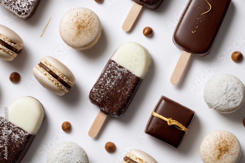 Decadent Chocolate-Dipped Ice Cream Bars, Macarons, and Hazelnuts Flat Lay.