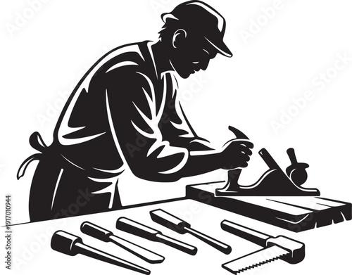 Black and white of a carpenter working with tools worker