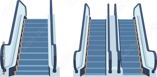 Digital illustration of escalators with blue steps and orange edges, transportation vector artwork
