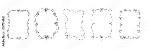Hand drawn bow frames set. Decorative ribbon outline frame. Thin black line art borders. Elegant swirl shapes, minimal monochrome vector collection for invitations, branding, social templates, labels