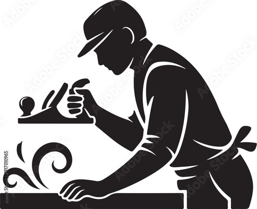 Black and white of a craftsman using a hand plane on wood