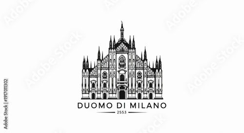 Ornate Gothic cathedral illustration with Italian inscription below
